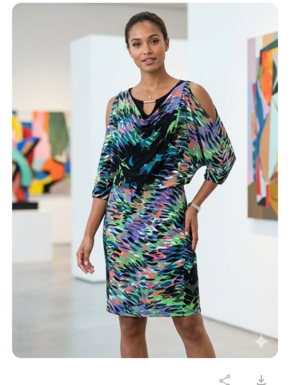 Maggy London Green, Purple & Coral Cowl-Neck Midi Dress